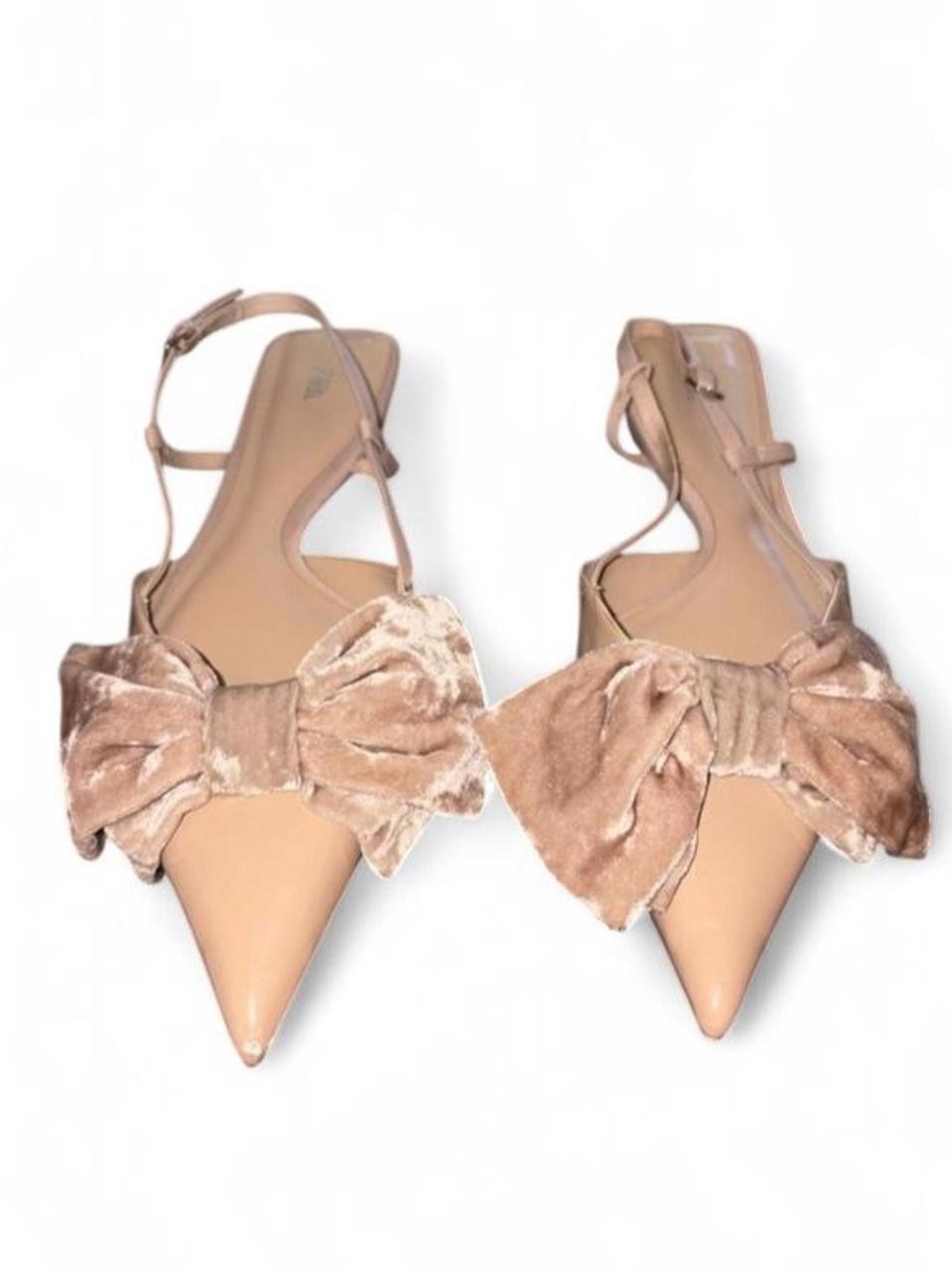 Zara Pointed Toe Slingback Flats with Velvet Bow - Nude